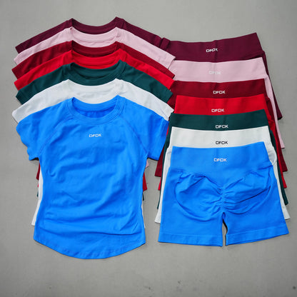 DFDK 2 Piece Athletic Tracksuit, Seamless Short Sleeve Yoga Wear, High Stretch Running Shorts, Gym Training Outfit