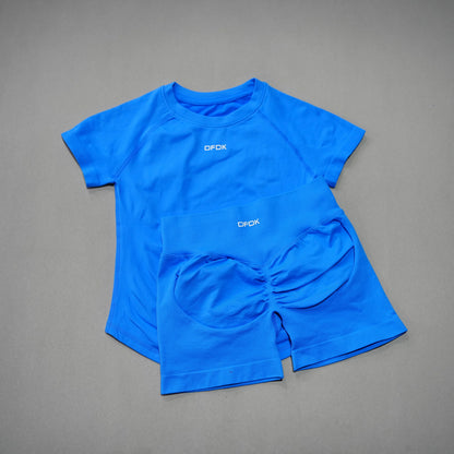 DFDK 2 Piece Athletic Tracksuit, Seamless Short Sleeve Yoga Wear, High Stretch Running Shorts, Gym Training Outfit